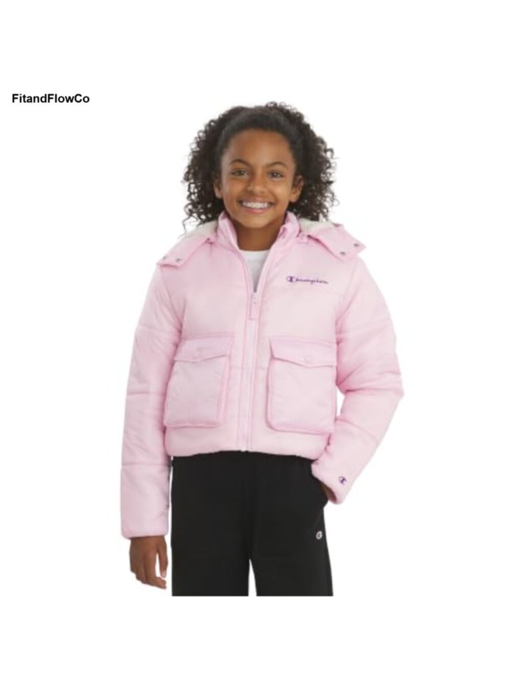 Girls Cropped Hooded Puffer Jacket Sherpa Lined Quilted Nylon Winter Coat